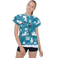 Veterinarian Medicine T- Shirt Veterinary Medicine, Happy And Healthy Friends    Turquoise Backgroun Ruffle Collar Chiffon Blouse