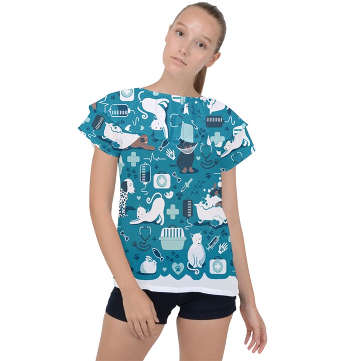 Veterinarian Medicine T- Shirt Veterinary Medicine, Happy And Healthy Friends    Turquoise Backgroun Ruffle Collar Chiffon Blouse