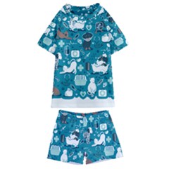 Veterinarian Medicine T- Shirt Veterinary Medicine, Happy And Healthy Friends    Turquoise Backgroun Kids  Swim T-shirt And Shorts Set by ZUXUMI