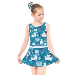 Veterinarian Medicine T- Shirt Veterinary Medicine, Happy And Healthy Friends    Turquoise Backgroun Kids  Skater Dress Swimsuit by ZUXUMI