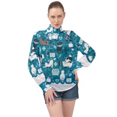 Veterinarian Medicine T- Shirt Veterinary Medicine, Happy And Healthy Friends    Turquoise Backgroun High Neck Long Sleeve Chiffon Top by ZUXUMI