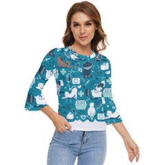 Veterinarian Medicine T- Shirt Veterinary Medicine, Happy And Healthy Friends    Turquoise Backgroun Bell Sleeve Top