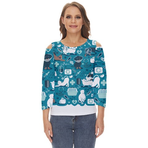 Veterinarian Medicine T- Shirt Veterinary Medicine, Happy And Healthy Friends    Turquoise Backgroun Cut Out Wide Sleeve Top by ZUXUMI