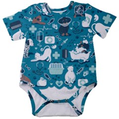 Veterinarian Medicine T- Shirt Veterinary Medicine, Happy And Healthy Friends    Turquoise Backgroun Baby Short Sleeve Bodysuit by ZUXUMI