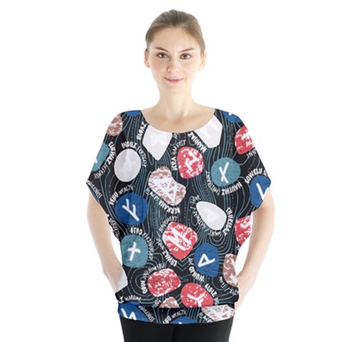 Viking Runes T- Shirt Mystical Viking Runes    Pattern    Black Background Blue Red Brown And Teal S Batwing Chiffon Blouse by ZUXUMI