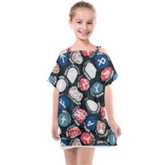 Viking Runes T- Shirt Mystical Viking Runes    Pattern    Black Background Blue Red Brown And Teal S Kids  One Piece Chiffon Dress by ZUXUMI