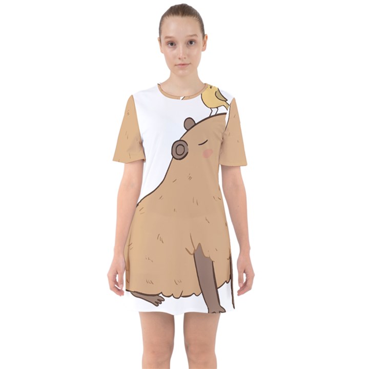 Capybara T- Shirt Cute Capybara Illustration With A Bird Friend T- Shirt Yoga Reflexion Pose T- Shirtyoga Reflexion Pose T- Shirt Sixties Short Sleeve Mini Dress