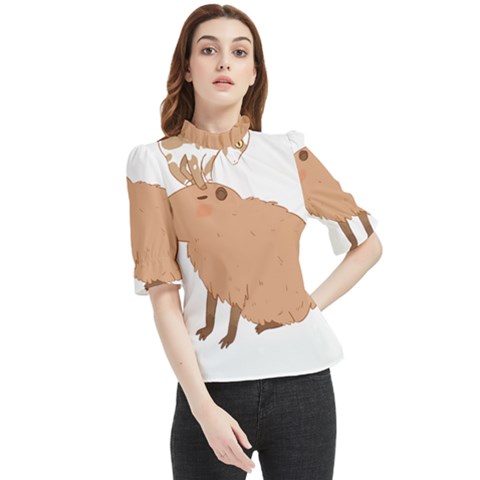 Capybara T- Shirt Cute Capybara With A Baby Goat On Its Head T- Shirt Yoga Reflexion Pose T- Shirtyoga Reflexion Pose T- Shirt Frill Neck Blouse by hizuto