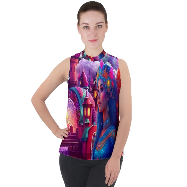 Fantasy Arts  Mock Neck Chiffon Sleeveless Top