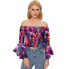 Fantasy Arts  Off Shoulder Flutter Bell Sleeve Top by Internationalstore