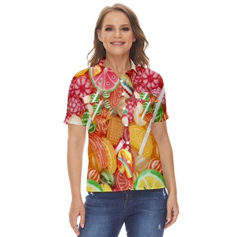 Aesthetic Candy Art Women s Short Sleeve Double Pocket Shirt by Internationalstore