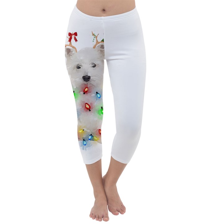 West Highland White Terrier Dog Snow T- Shirt West Highland White Terrier Dog Snow Reindeer Santa Ha Capri Winter Leggings 