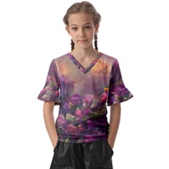 Floral Blossoms  Kids  V-neck Horn Sleeve Blouse by Internationalstore