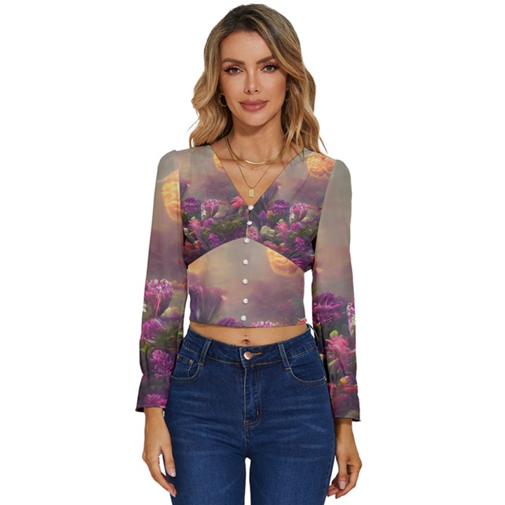 Floral Blossoms  Long Sleeve V-Neck Top