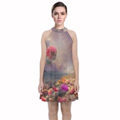 Floral Blossoms  Velvet Halter Neckline Dress  by Internationalstore