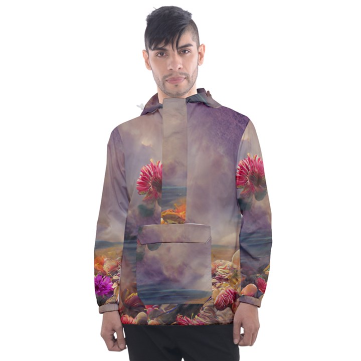 Floral Blossoms  Men s Front Pocket Pullover Windbreaker