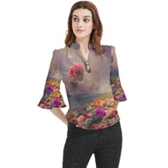 Floral Blossoms  Loose Horn Sleeve Chiffon Blouse