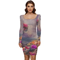 Floral Blossoms  Women Long Sleeve Ruched Stretch Jersey Dress by Internationalstore