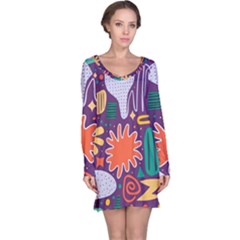 Colorful Shapes On A Purple Background Long Sleeve Nightdress by LalyLauraFLM