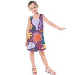 Colorful Shapes On A Purple Background Kids  Sleeveless Dress by LalyLauraFLM