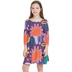 Colorful Shapes On A Purple Background Kids  Quarter Sleeve Skater Dress by LalyLauraFLM