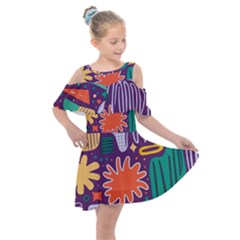 Colorful Shapes On A Purple Background Kids  Shoulder Cutout Chiffon Dress by LalyLauraFLM