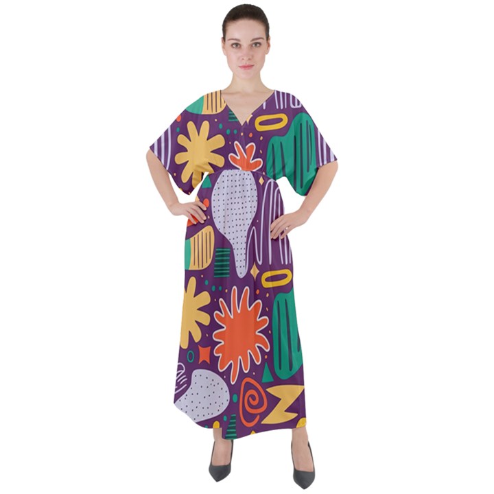 Colorful Shapes On A Purple Background V-Neck Boho Style Maxi Dress