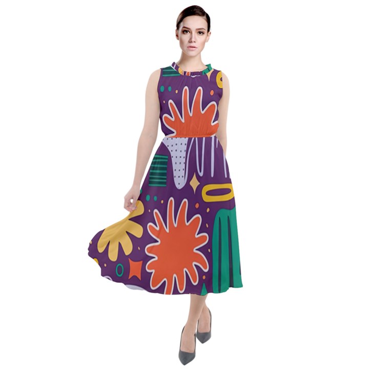 Colorful Shapes On A Purple Background Round Neck Boho Dress