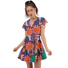 Colorful Shapes On A Purple Background Flutter Sleeve Wrap Dress by LalyLauraFLM