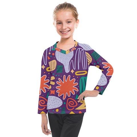 Colorful Shapes On A Purple Background Kids  Long Mesh T-shirt by LalyLauraFLM