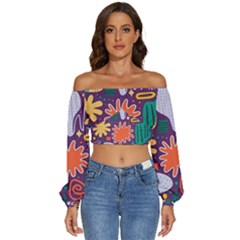 Colorful Shapes On A Purple Background Long Sleeve Crinkled Weave Crop Top by LalyLauraFLM