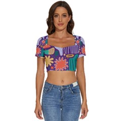 Colorful Shapes On A Purple Background Short Sleeve Square Neckline Crop Top  by LalyLauraFLM