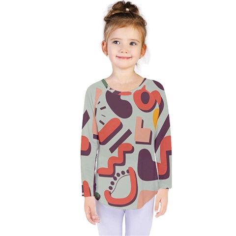 Shapes In Retro Colors On A Green Background Kids  Long Sleeve T-shirt by LalyLauraFLM