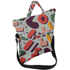 Shapes In Retro Colors On A Green Background Fold Over Handle Tote Bag by LalyLauraFLM