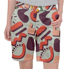 Shapes In Retro Colors On A Green Background Women s Pocket Shorts by LalyLauraFLM