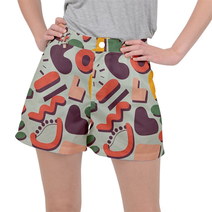 Shapes In Retro Colors On A Green Background Women s Ripstop Shorts