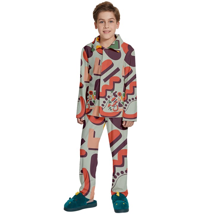 Shapes In Retro Colors On A Green Background Kids  Long Sleeve Velvet Pajamas Set