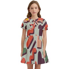 Shapes In Retro Colors On A Green Background Kids  Bow Tie Puff Sleeve Dress by LalyLauraFLM