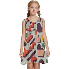 Shapes In Retro Colors On A Green Background Kids  Sleeveless Tiered Mini Dress by LalyLauraFLM