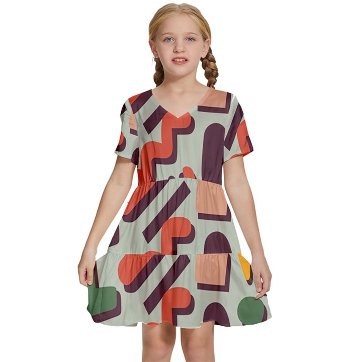 Shapes In Retro Colors On A Green Background Kids  Short Sleeve Tiered Mini Dress