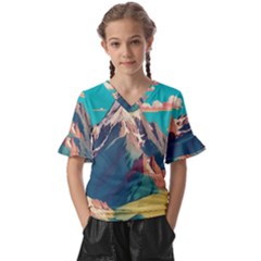 Mountain Mount Fuji Kids  V-neck Horn Sleeve Blouse