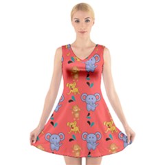 Elephant Monkey Dog Cartoon V-neck Sleeveless Dress by Pakjumat