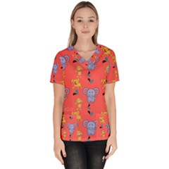 Elephant Monkey Dog Cartoon Women s V-neck Scrub Top by Pakjumat