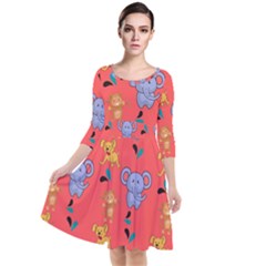 Elephant Monkey Dog Cartoon Quarter Sleeve Waist Band Dress