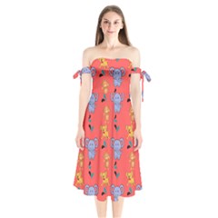 Elephant Monkey Dog Cartoon Shoulder Tie Bardot Midi Dress by Pakjumat