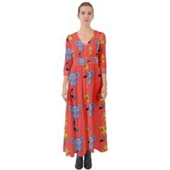 Elephant Monkey Dog Cartoon Button Up Boho Maxi Dress by Pakjumat