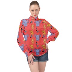 Elephant Monkey Dog Cartoon High Neck Long Sleeve Chiffon Top by Pakjumat