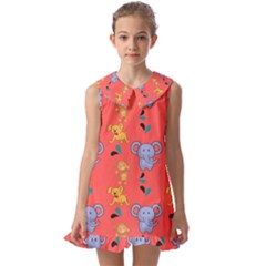 Elephant Monkey Dog Cartoon Kids  Pilgrim Collar Ruffle Hem Dress by Pakjumat