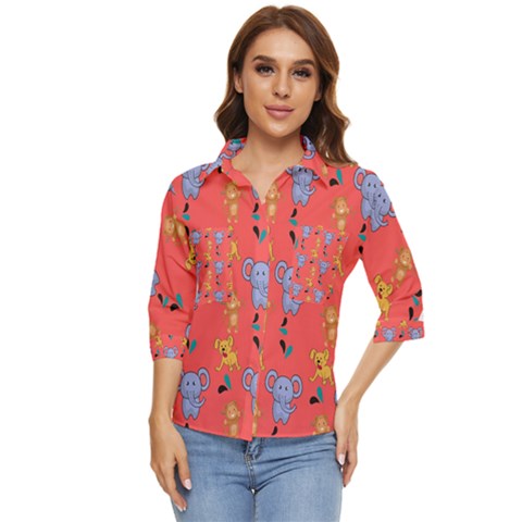 Elephant Monkey Dog Cartoon Women s Quarter Sleeve Pocket Shirt by Pakjumat