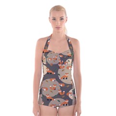 Fox Pattern Boyleg Halter Swimsuit  by Pakjumat